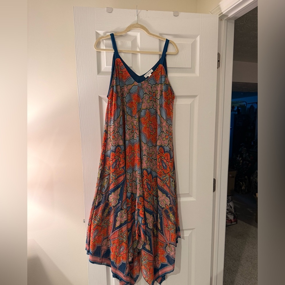Elegant Floral Maxi Dress in Blue and Orange